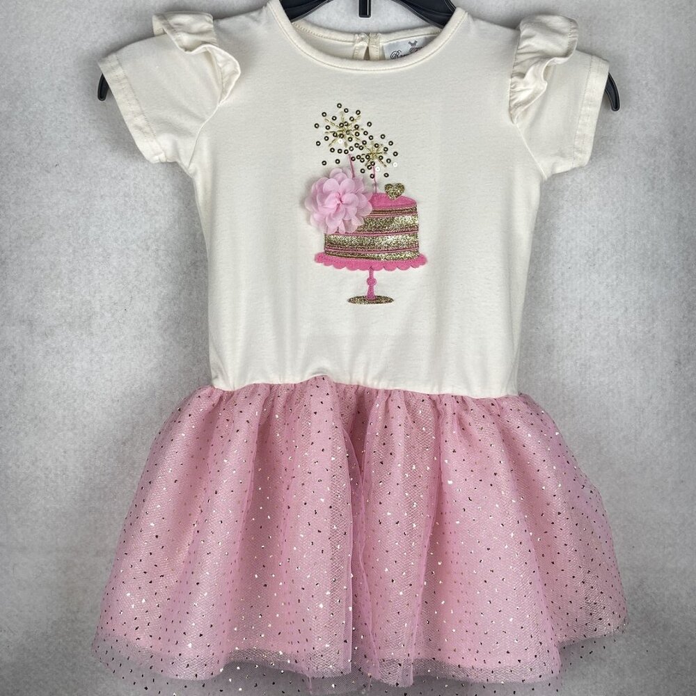 ✨ Rare Editions Girls 4T Pink Tutu Birthday Dress w/ Glitter Cake Applique 🎂💖
